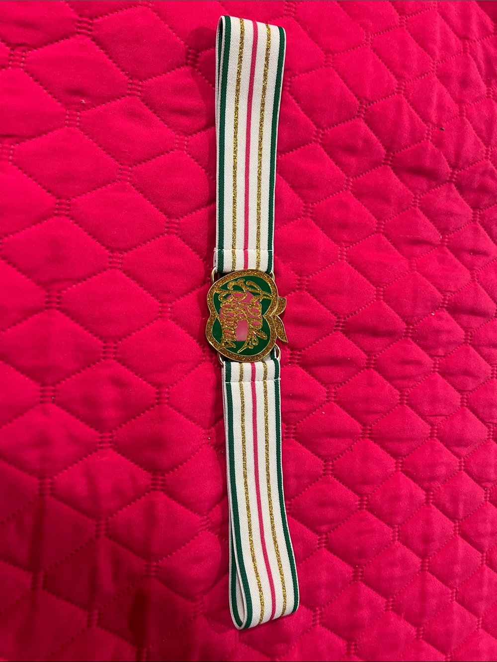 Y2K Apple Bottoms Green White and Pink Striped Elastic Belt w Gold Accent Buckle